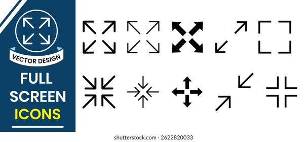 Full screen and exit full screen icon vector set design. Full screen, Maximize and minimize icon vector design for web, app, buttons. Vector illustration.