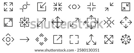 Full screen and exit full screen set icons, maximize and minimize line arrows sign, scalability, resizing in line style
