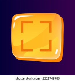 Full screen glossy ui button with pixelated icon. Digital technology. Editable 8bit graphic element on shiny square shape. Isolated vector user interface image for web, mobile. Retro style game design