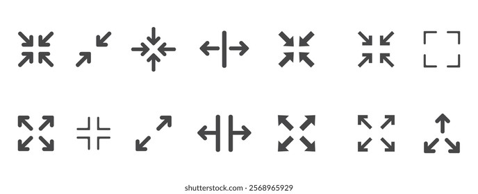 Full screen icon interface menu cursor bitton, application size control pointer. Web ui line navigation maximize or minimaze icon. App arrow. Enter or exit