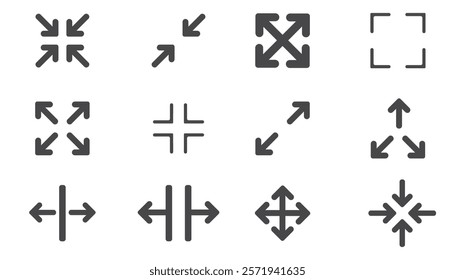 Full screen icon interface menu cursor bitton, application size control pointer. Web ui line navigation maximize or minimaze icon. App arrow. Enter or exit