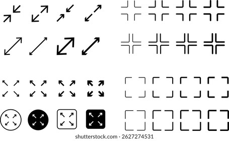 Full screen icon set. Expand size icons. Enlarge screen symbols. Trim view sign. arrows pointing outward expansion