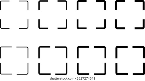 Full screen icon set. Expand size icons. Enlarge screen symbols. Trim view sign. arrows pointing outward expansion