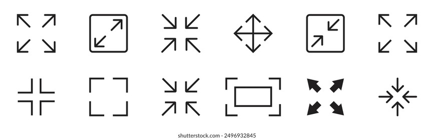 Full screen icons set. Minimize maximize frame symbols isolated on transparent background.