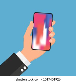 Full screen mobile phone concept. Hand holding new phone. Vector illustration. Flat style