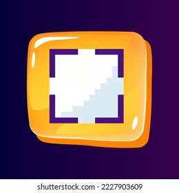 Full screen mode glossy ui button with pixelated color icon. Digital technology development. Editable 8bit graphic element on shiny glass rectangle shape. Isolated image for arcade, video game design