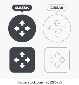 Full screen sign icon. Arrows symbol. Icon for App. Classic and line web buttons. Circles and squares. Vector