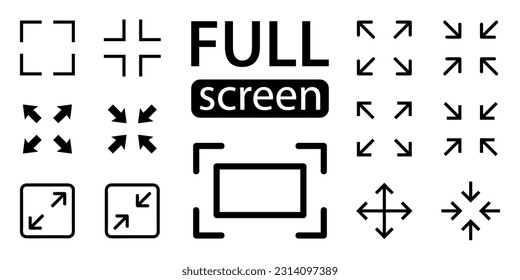 Full screen vector black icons. Set of full screen and exit full screen icon. Arrow mark icons. Scalability icons in flat style for web site, UI, mobile app. Vector illustration