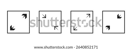 Full screen vector black icons. Set of full screen and exit full screen icon. Arrow mark icons. Scalability icons in flat style for web site, UI, mobile app.