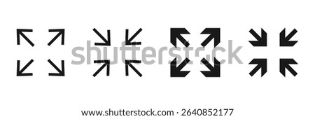 Full screen vector black icons. Set of full screen and exit full screen icon. Arrow mark icons. Scalability icons in flat style for web site, UI, mobile app.