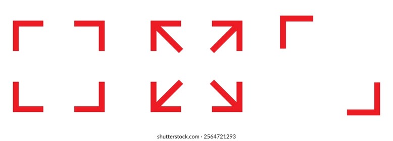 Full screen vector Red icons. full screen and exit full screen icon. Arrow mark icons. Scalability icons in flat style for web site, UI, mobile app. Vector illustration.