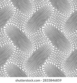 Full Seamless abstract optical wave pattern in white, black. Black contour waves bend across a clean white field. Vector texture, fabric print and background for wallpaper, wrapping and decor.