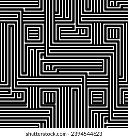 Full seamless abstract ornate maze geometric background. Print texture. Repeat pattern. Vector illustration. Black and white labyrinth line