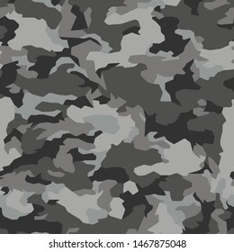 Full Seamless Army Camouflage Pattern Vector. Military Camo Skin for Decor and Textile. Black and Gray Tones Army masking design for hunting textile fabric printing and wallpaper.