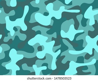 Full Seamless Army Camouflage Pattern Vector. Turquoise Military Camo Skin for Decor and Textile. Army masking design for hunting textile fabric printing and wallpaper.