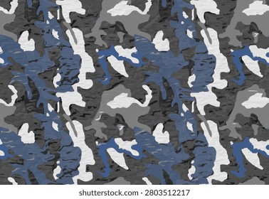Full Seamless blue gray brush camouflage pattern with cold urban texture, painted print patches, and rugged background surface for sportswear, jackets, bags, and gear.