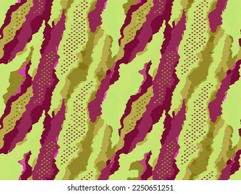 Full seamless camouflage background. Fabric print texture pattern for textile. Fuchsia yellow army camo uniform skin vector for fashion and wallpaper. 