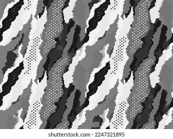 Full seamless camouflage gray background. Fabric print texture pattern for textile. Black white army camo uniform skin vector for fashion and wallpaper. 