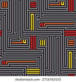 Full Seamless Holzkohle Labyrinth Muster für industriellen Druck Hintergrund. Dunkle Linien mit rot-gelben Warnlichtern. Schwere Vektortextur für Motorsport-Wraps, Uniformen und Beschilderung.