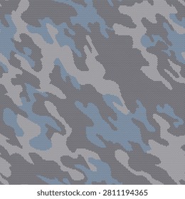 Full Seamless cool gray camouflage background. Slate, dusty blue and taupe patches create a subdued halftone camo pattern for winter fabric print, wallpaper, jackets and bags.