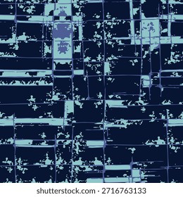 Full Seamless cyber tile grid pattern. Dark blocks print background with glitch urban texture. Futuristic surface for streetwear, posters, wallpaper, fabric, branding.