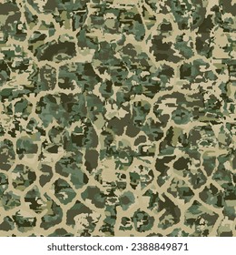 Full seamless distressed camouflage texture background. Military uniform print. Irregular mottled watercolor pattern. Blotched aged worn textile fabric.