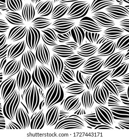Full seamless floral pattern black white illustration. Halftone flower leaf design for fabric print. Suitable for fashion use.