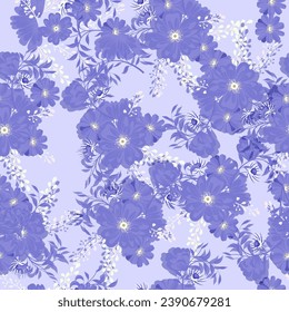 Full seamless floral pattern with daisies on a purple background. Vector for textile fabric print. Great for dress fabrics, wrapping, textures, backgrounds.