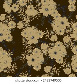 Full seamless floral pattern with daisies on a dark brown background. Vector for textile fabric print. Great design for fabrics, wrapping, textures, backgrounds.