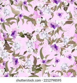Full seamless floral pattern. Fabric print vector hibiscus blossom background. Watercolor abstract design, graceful pink flower leaves. Stylish trendy textile.