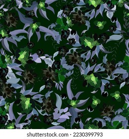 Full seamless floral pattern. Fabric print vector hibiscus blossom background. Watercolor abstract design, graceful green flower leaves. Stylish trendy textile.