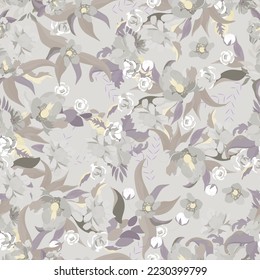 Full seamless floral pattern. Fabric print vector hibiscus blossom background. Watercolor abstract design, graceful gray flower leaves. Stylish trendy textile.