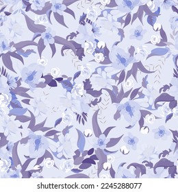 Full seamless floral pattern. Fabric print vector hibiscus blossom background. Watercolor abstract design, graceful blue flower leaves. Stylish trendy textile.