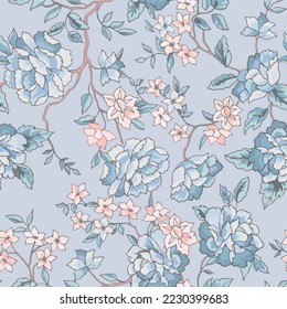 Ilustración retro de patrón floral sin fisuras. Flores ornamentales de jardín azules y azules y hojas de diseño vintage para el fondo de impresión de tela.