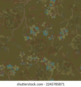 Full seamless flower pattern fabric print background. Green twigs and leaves illustration. Floral vector design for woman dress, textile, fashion use.