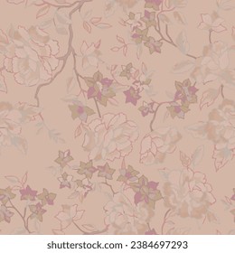 Full seamless flower pattern fabric print background. Twigs and leaves illustration. Floral vector design for woman dress, textile, fashion use.