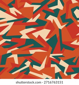 Padrão completo de camuflagem geométrica sem emenda. Formas irregulares para plano de fundo de impressão retro externo. Superfície abstrata robusta do exército para equipamentos de caminhada, tecido e moda casual.