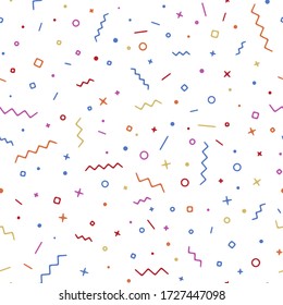 Full seamless geometric confetti vector background with circle, square zigzag and wavy line ribbons. Fabric print texture.