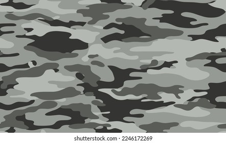 Full seamless gray military camouflage texture pattern vector. Black white textile fabric print. Army camo background.