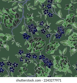 Full seamless green floral pattern retro illustration. Ornamental garden flowers and leaves vintage design for fabric print.