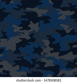 Diseño moderno de punto medio sin fisuras para decoración y textil. Diseño de camo con puntos azules para impresión de tela textil y papel tapiz. Diseño del modelo del ejército para moda de tendencia.