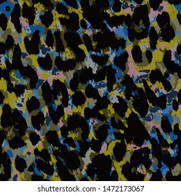 Full Seamless leopard cheetah animal fur pattern. Design for yellow blue and black cheetah colored textile fabric printing. Suitable for fashion skin use.