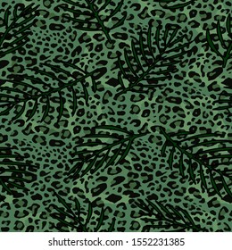 Full seamless leopard cheetah animal skin pattern on leaf. Green design for textile fabric printing. Suitable for fashion use.