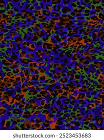 Full seamless leopard cheetah texture animal skin pattern. Blue orange textile fabric print. Suitable for fashion use. Vector illustration.