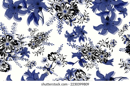 Full seamless lilium camomile floral pattern background for fabric print. Ditsy illustration. Blue lily and daisy flowers leaves vector design for women dress and textile.