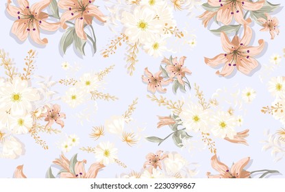 Full seamless lilium camomile floral pattern background for fabric print. Ditsy illustration. Orange lily and daisy flowers leaves vector design for women dress and textile.