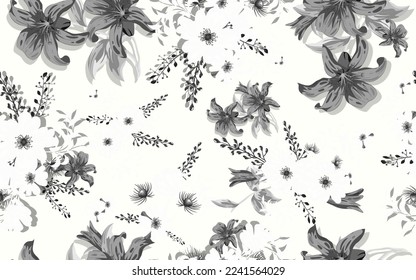 Full seamless lilium camomile floral pattern background for fabric print. Ditsy illustration. Black white lily and daisy flowers leaves vector design for women dress and textile.