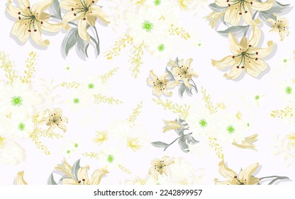 Full seamless lilium camomile floral pattern background for fabric print. Ditsy illustration. Yellow lily and daisy flowers leaves vector design for women dress and textile.