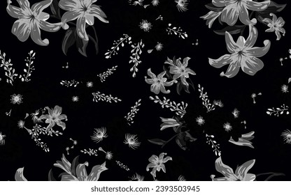 Full seamless lilium camomile floral pattern background for fabric print. Ditsy illustration. Black white lily and daisy flowers leaves vector design for women dress and textile.