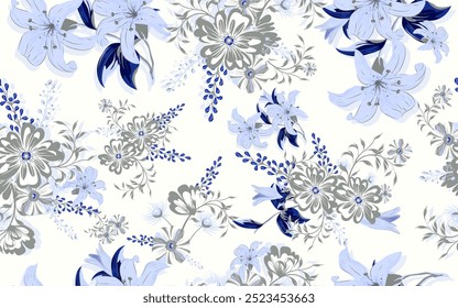 Pleno lililium camomile padrão floral fundo para impressão de tecido. Ilustração de Ditsy. O lírio azul e as flores margaridas deixam um design vetorial para as mulheres se vestirem e serem têxteis.